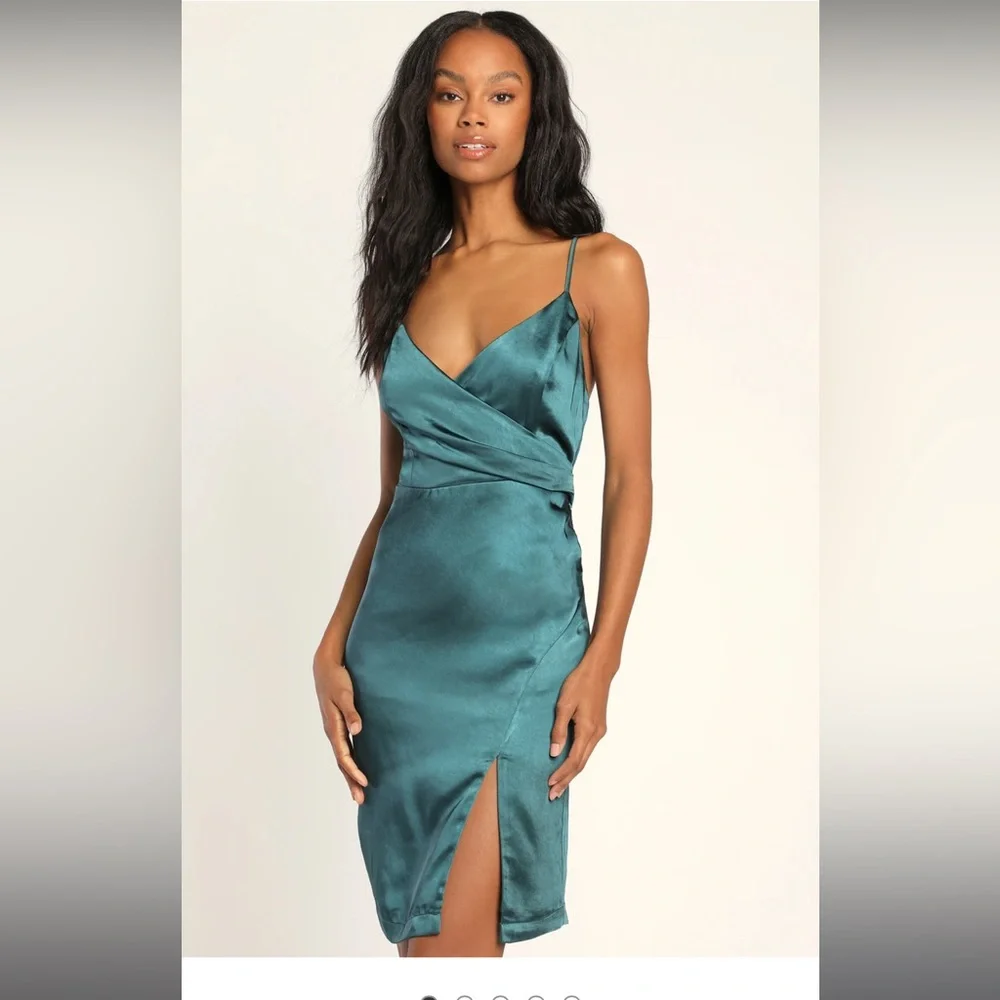 Hot Night Out Teal Green Satin Surplice Faux-Wrap Dress - Picture 1 of 6